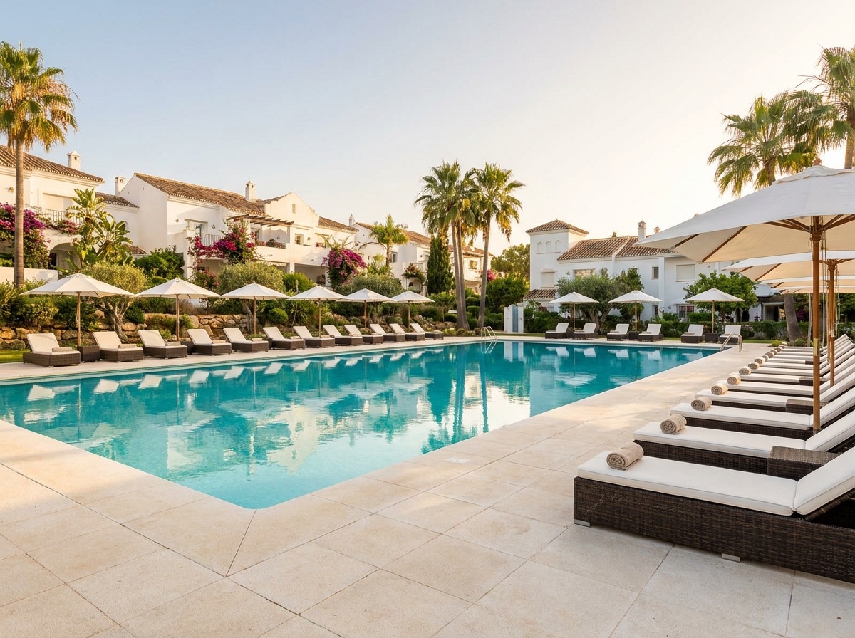 Piscina comunitaria impecable en una urbanización de la Costa del Sol
