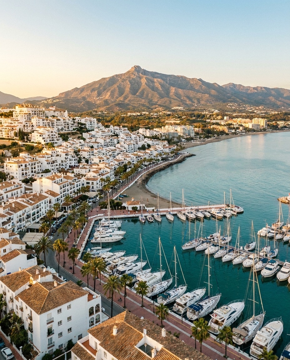 La Costa del Sol: puerto deportivo de Marbella con la montaña La Concha al atardecer