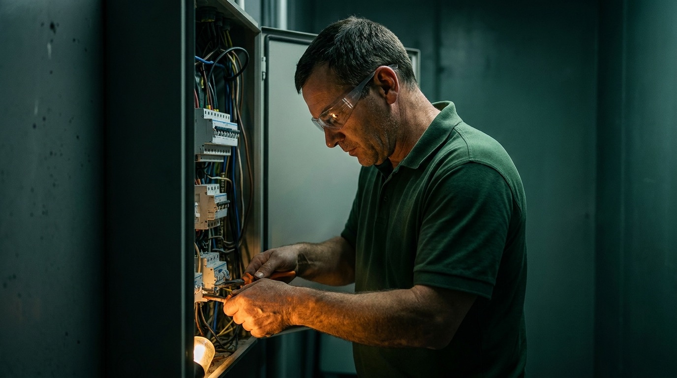 Electricista de Manservis revisando el alumbrado de una comunidad