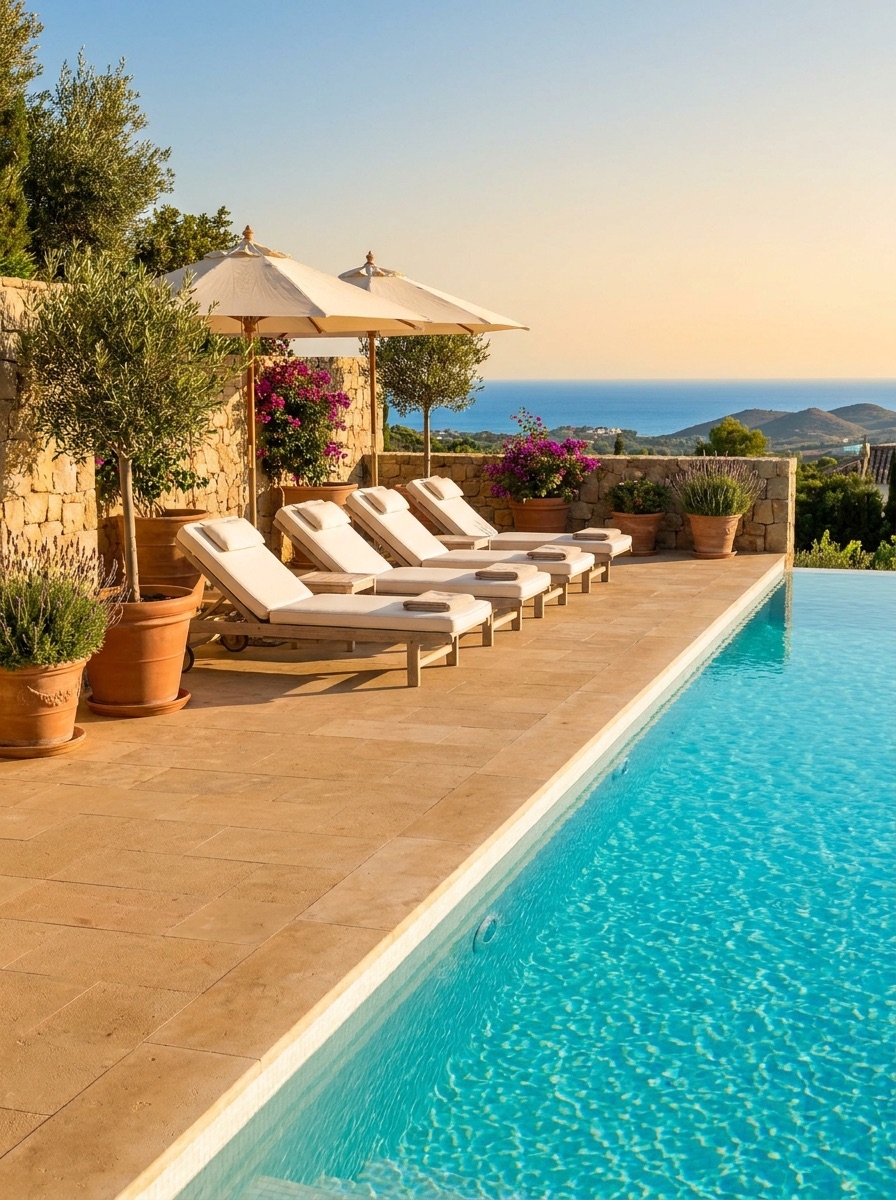 Terraza de piscina de una villa impecable en la Costa del Sol